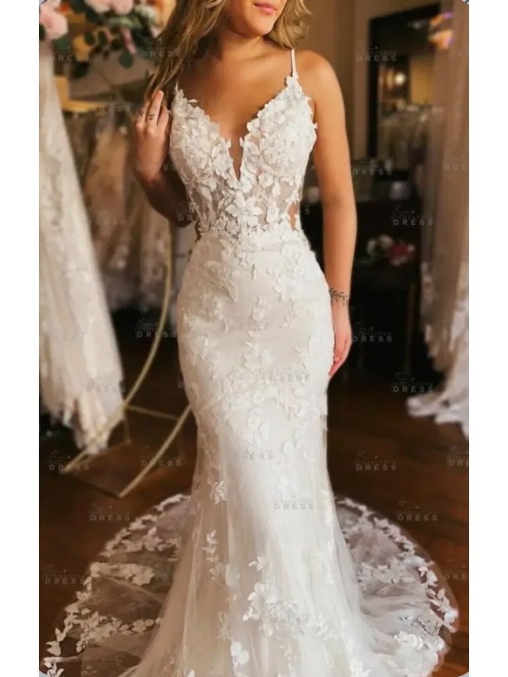 Boutique V-Neck  White Lace Mermaid Elegant  Wedding Dress Size 8